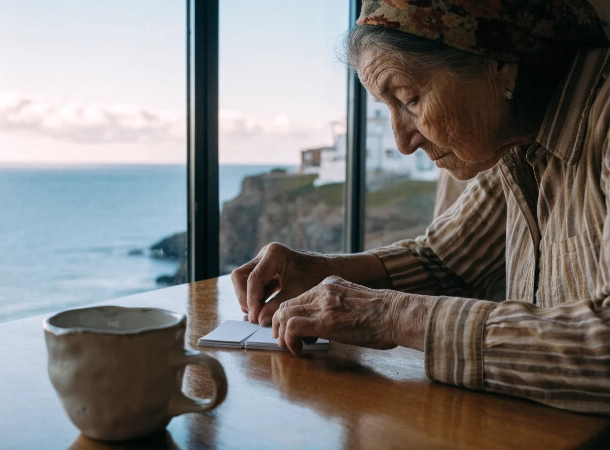 Manos sobre una mesa de madera ordenando postales en un café español