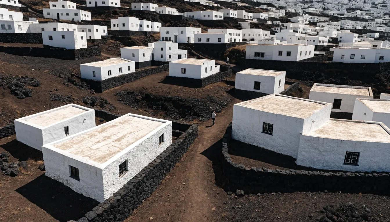 Vista aérea de la costa canaria con roca volcánica y edificios bajos