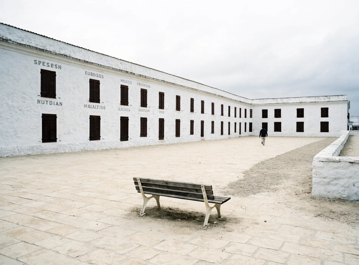 Plaza andaluza bajo luz cubierta, con pavimento de piedra clara y una figura solitaria al fondo