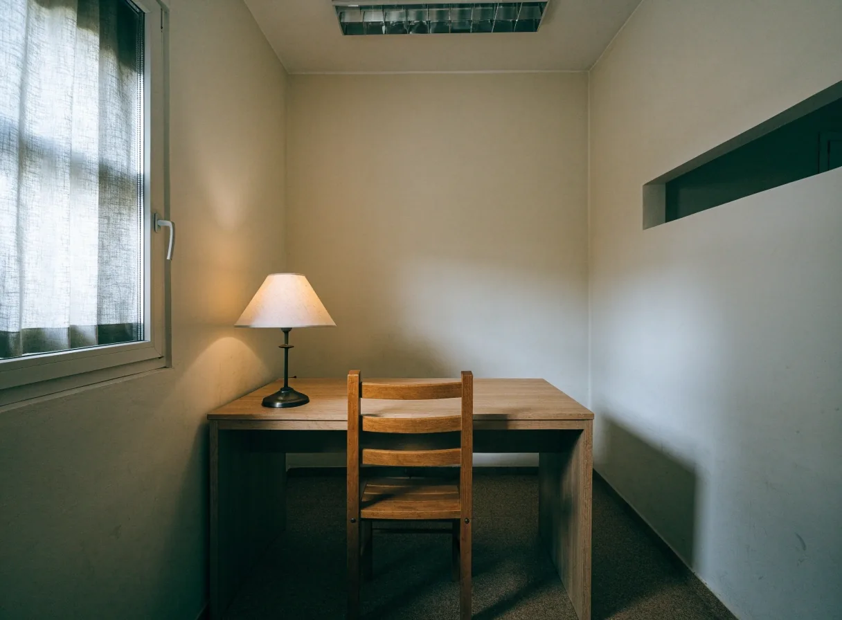 Interior de una oficina de barrio con escritorio, lámpara y una silla