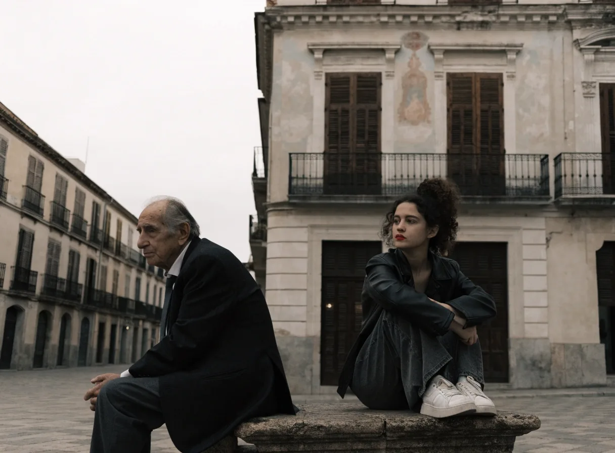 Plaza española a media tarde bajo luz de día cubierto, con balcones y viandantes al fondo