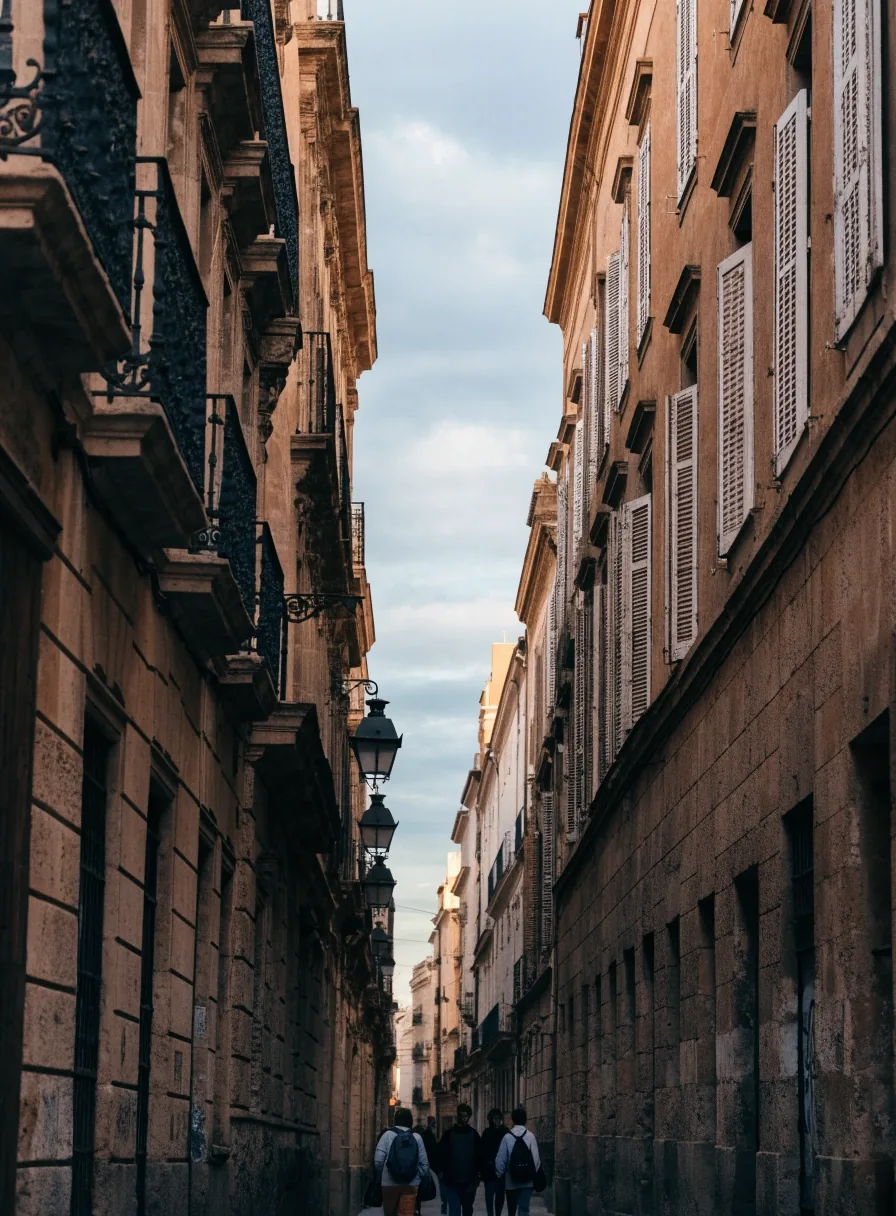 Calle céntrica de Sevilla por la tarde con fachadas históricas y peatones al fondo