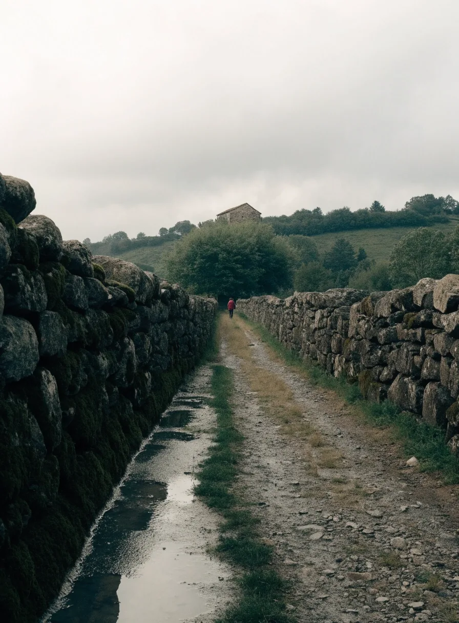 Camino rural en Galicia con muros de piedra y una persona alejándose al fondo