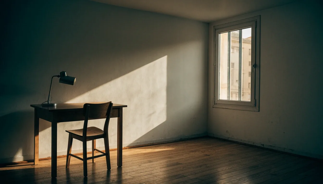 Interior de una oficina de barrio en una ciudad española con escritorio y ventana