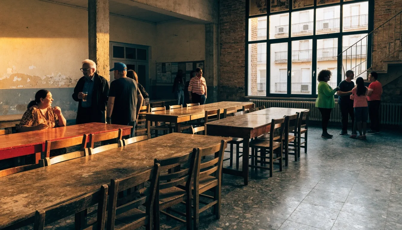 Manos ordenando postales sobre una mesa de madera en una cafetería española