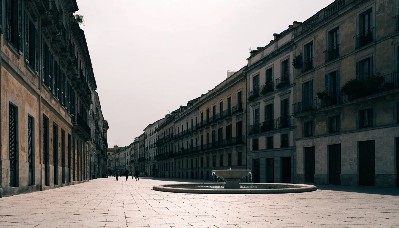 Plaza española a media tarde con viandantes cruzando bajo luz plana de día nublado