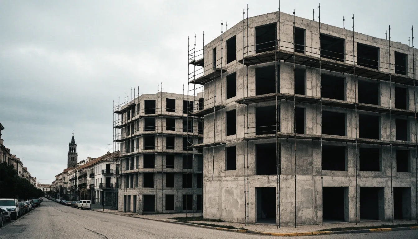 Bloque de viviendas en construcción en la periferia de una ciudad española, con forjados de hormigón a la vista