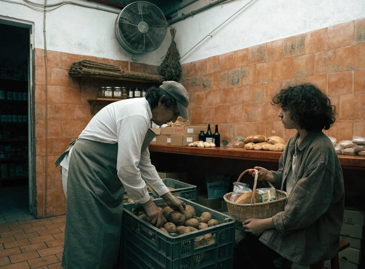 Calle de barrio con cola en una panadería y vecinos cruzando el encuadre