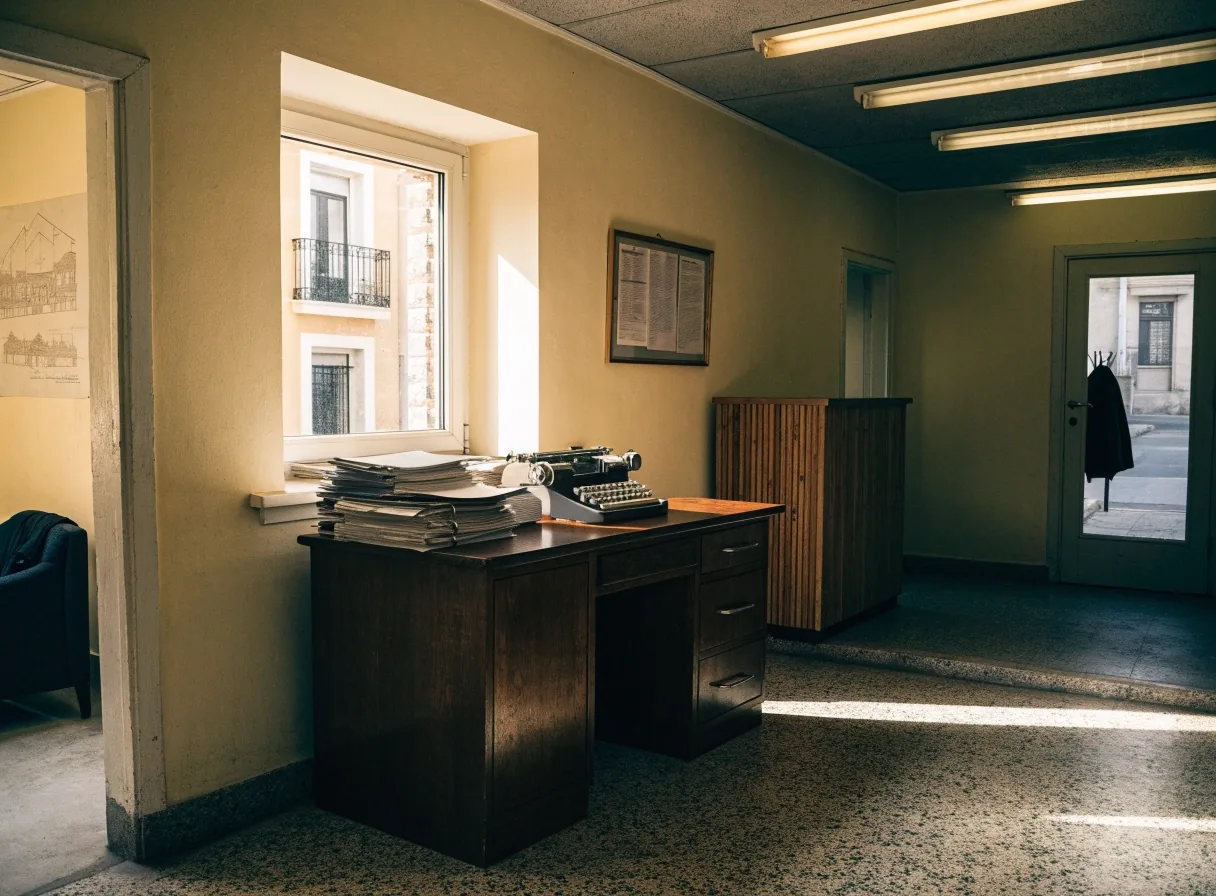 Despacho de atención al público del observatorio, con escritorio y luz natural de tarde