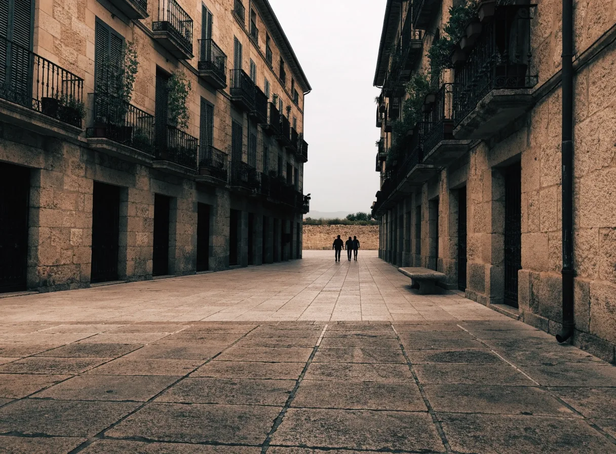 Plaza española a media tarde con balcones y transeúntes anónimos al fondo