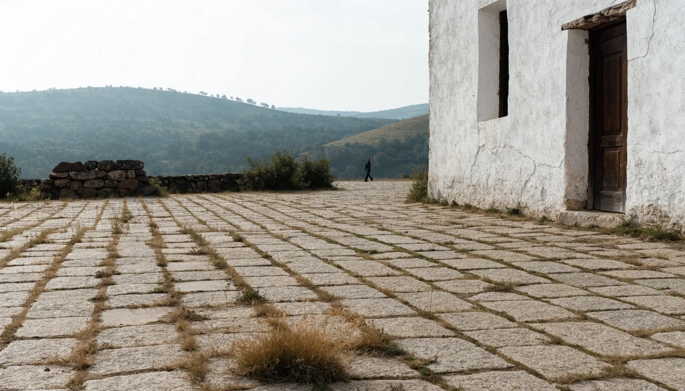 Camino rural en Galicia con muros de piedra y una figura solitaria a media distancia bajo luz gris