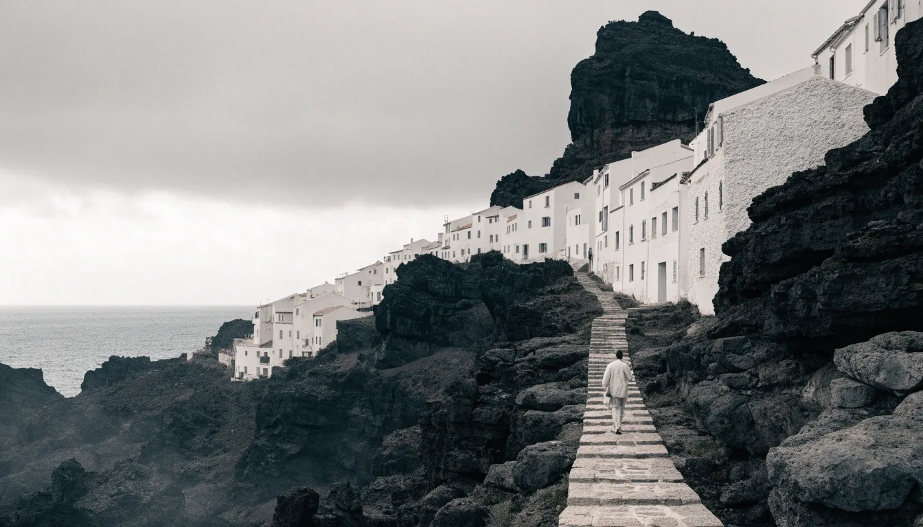 Ladera costera española con edificios blancos escalonados sobre roca volcánica bajo luz de mediodía gris
